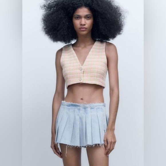 NEW | ZARA Cropped Tweed Waistcoat Blouse w/ Rhinestone Buttons | Women’s Size L - Picture 8 of 10